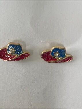 🇺🇸 AMERICAN FLAG COWBOY HAT GOLD TONE STUD EARRINGS